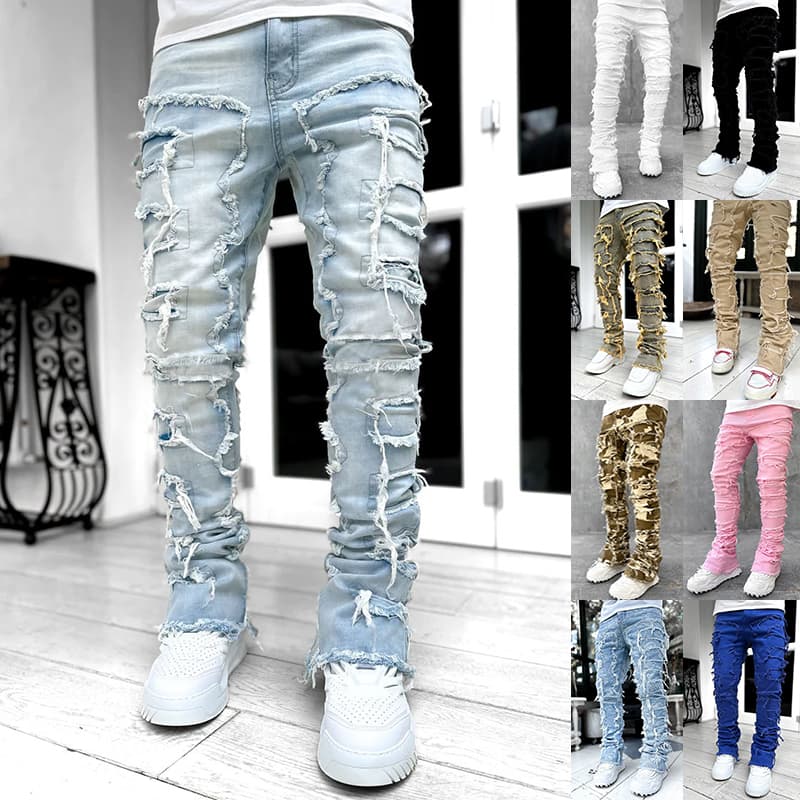 Ins Fringes Ripped Trousers Individual Patched Pants Long Tight Fit Stacked Jeans For Mens Clothing - image 6