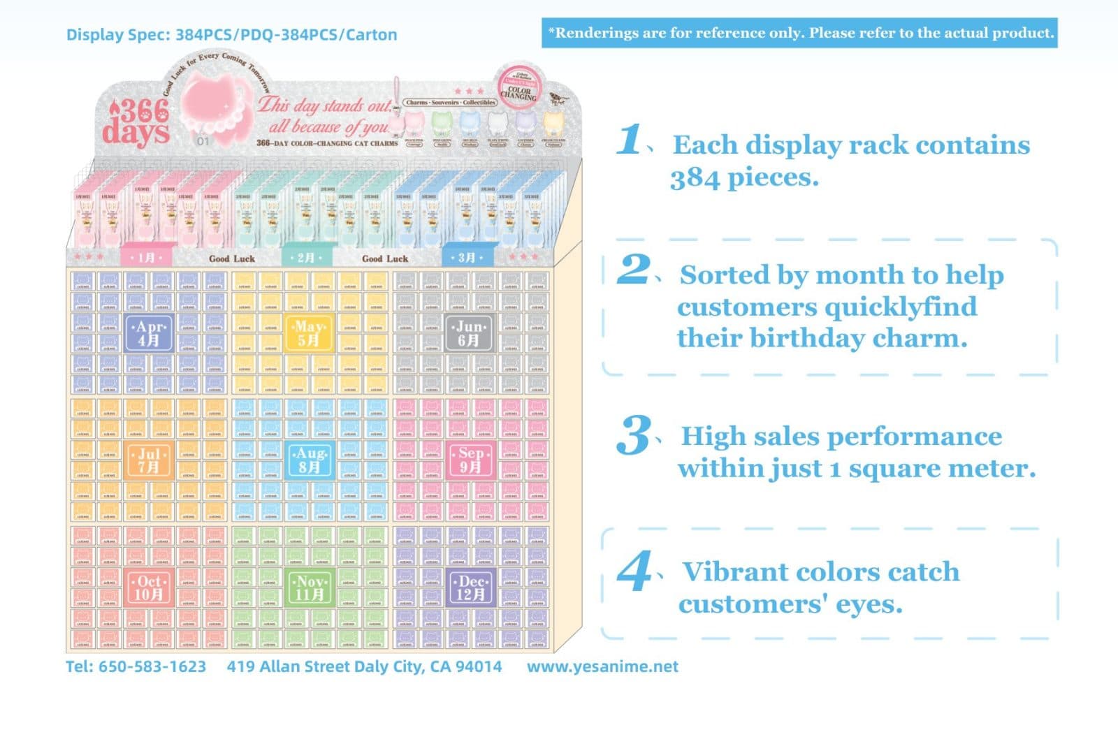 366 Days - UV Color-Changing Birthday Cat Charm (Set/384 pcs) with Display Shelve - image 4