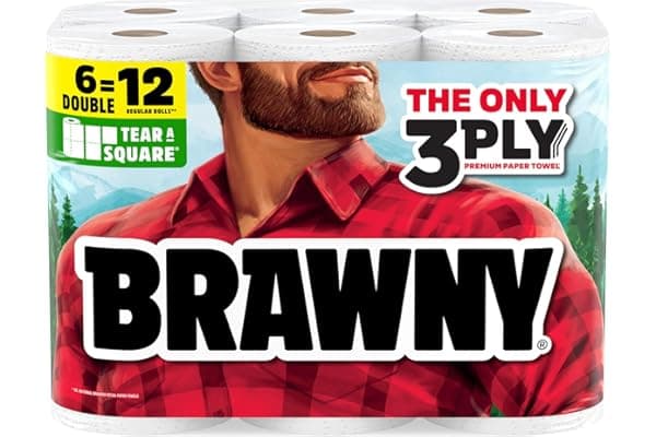 Brawny Tear-A-Square 3-Ply Paper Towels, 6 Double Rolls = 12 Regular Rolls, Strong, Absorbent, and Durable with 3 Sheet Sizes (Quarter, Half, Full)