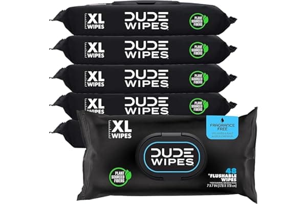 DUDE Wipes Unscented Flushable Wipes - Extra-Large Adult Wet Wipes for Sensitive Skin - 6 Pack (288 Count) - Infused with Vitamin E and Aloe - Septic and Sewer Safe