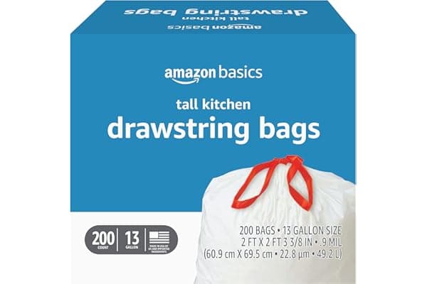 Amazon Basics Tall Kitchen Drawstring Trash Bags, Sturdy, 13 Gallon, Unscented, 200 Count