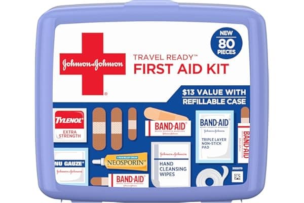 BAND-AID Brand Travel Ready Portable Emergency First Aid Kit for Minor Wound Care, Perfect for Home, Car, Travel, Camping Essentials & Outdoor Emergency Kit, 80 Pieces