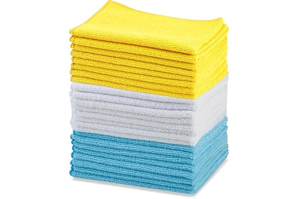 Amazon Basics Microfiber Cleaning Cloths, Ultra Absorbent, Lint Free, Streak Free, Non-Abrasive, Reusable and Washable, 16" x 12", Blue/White/Yellow, Pack of 24