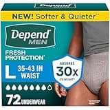 Depend Fresh Protection Adult Diapers, Incontinence Underwear for Men, Disposable, Maximum, Large, Grey, 72 Count (2 Packs of 36), Packaging May Vary
