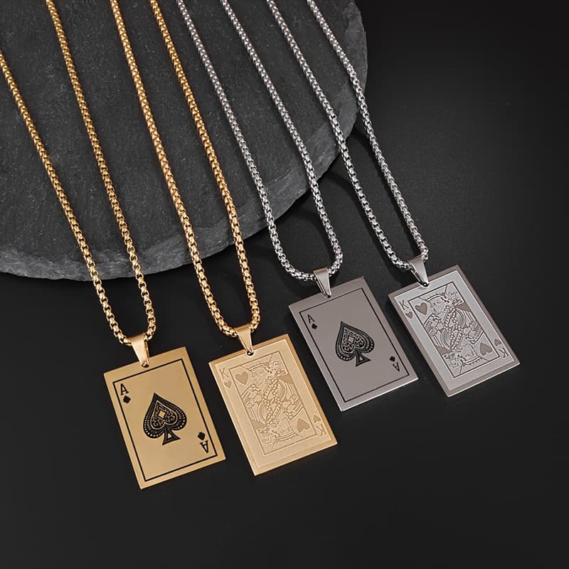 4pcs/set 304 Stainless Playing Cards Ace And King Exquisite Pendant Necklace For Men And Women For Leisure And Entertainment Daily Personality Charm Trendy Jewelry Gifts Unisex