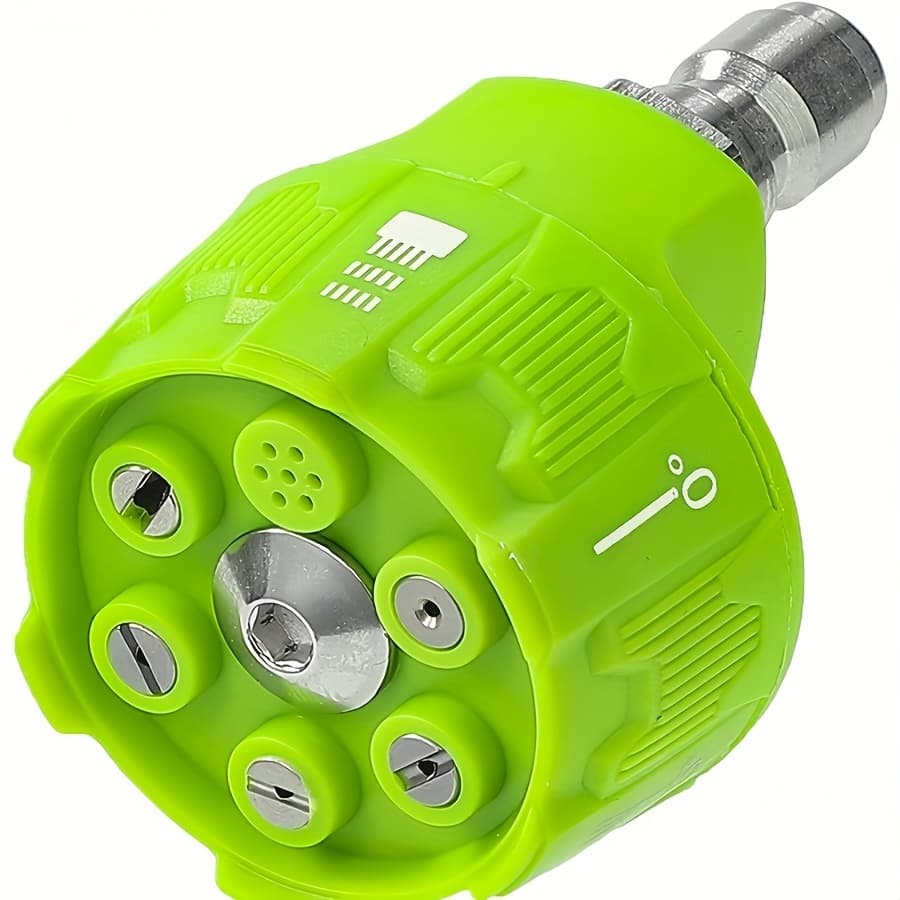 Universal Garden Cleaning With A 6-in-1 High-pressure Washer Spray Nozzle Featuring Adjustable Tips For Watering, Rinsing, And Applying Soap At Of 0, 15, 25, And 40 Degrees.