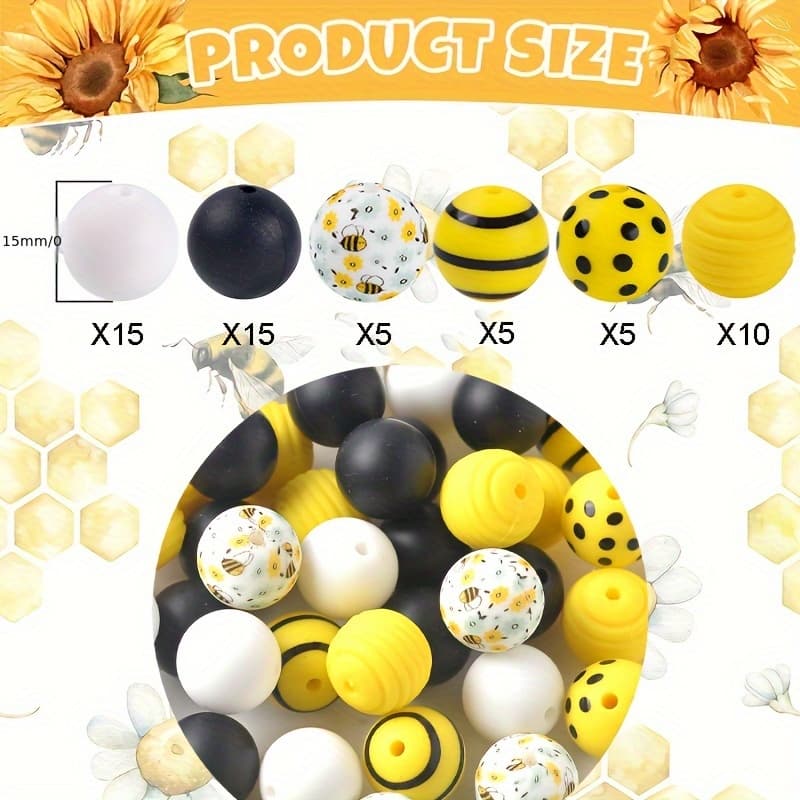 55pcs Bee Themed Silicone Black White Spacer Beads For Jewelry Making Diy Beaded Necklace Bracelet Key Bag Chain Beaded Decors Accessories