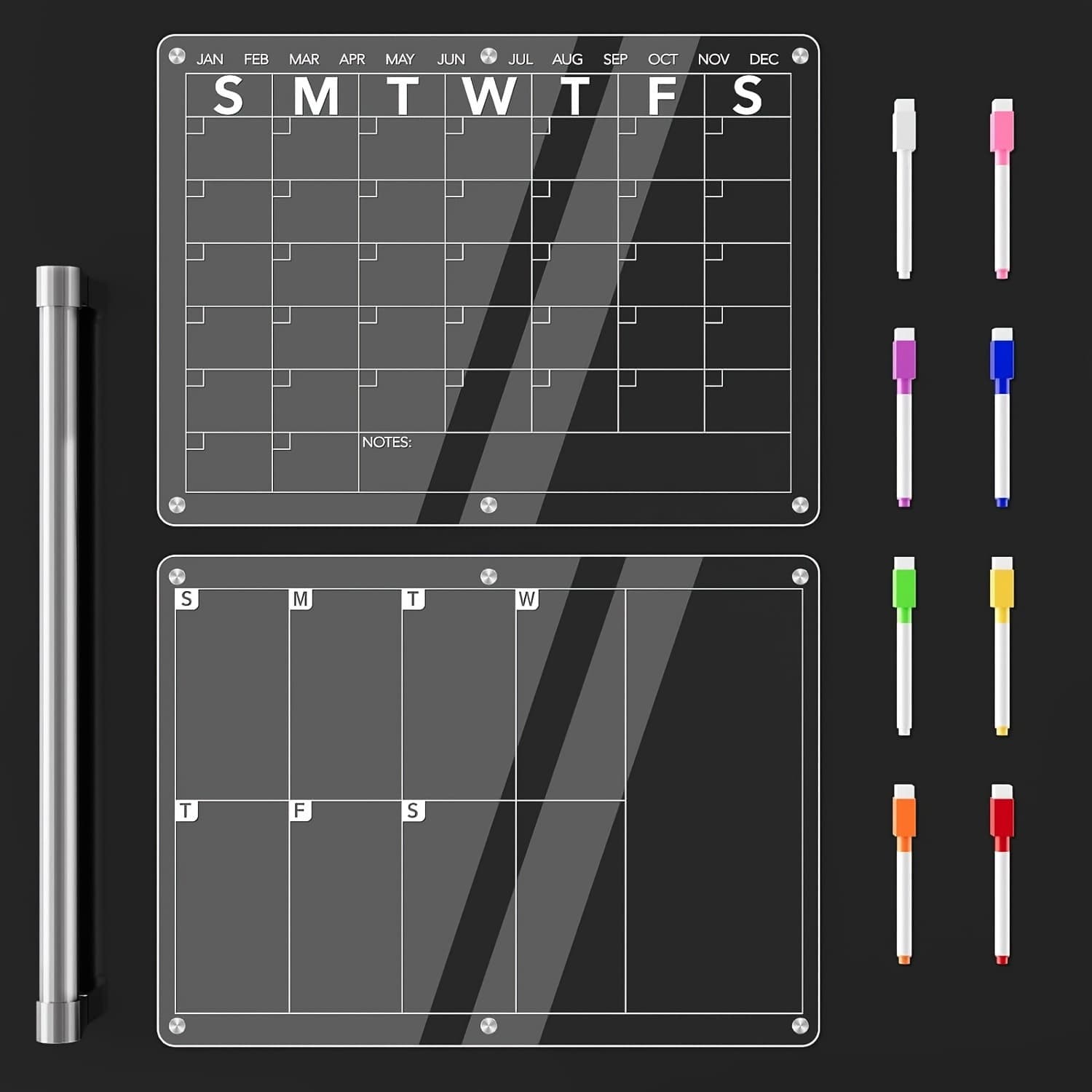 Magnetic Acrylic Fridge Calendar, Dry Erase Monthly And Weekly Board Set, Meal Planner, Memo Board, Shopping List, For Kitchen