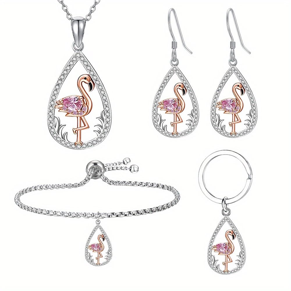 Fashionable And Flamingo Pink Necklace Earrings Bracelet Keychain Four-piece Set For Birthday Christmas Gifts