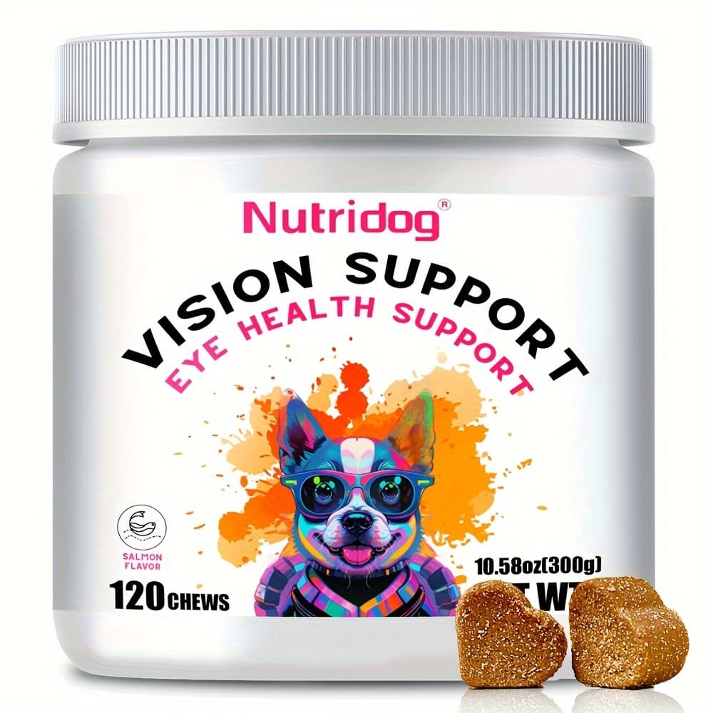 Nutridog Eye Supplement For Dogs - Vision Support With Antioxidants & 3 Fatty , Utein, Vitamin C-salmon Flavor-120 Chews
