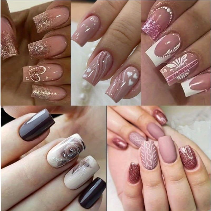 5pcs (120pcs) Press On Nails Set With French Tips & Adhesive Tabs - Heart Flower Marble Nail Art Kit, & Square Medium Length Nails For Women, Easy Application For , For Nail At