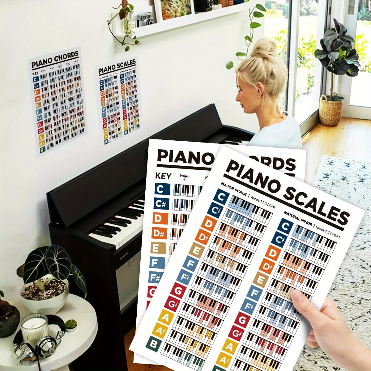 2pcs Interactive Piano Learning Posters - Chord Charts & Music Guide - Durable Wall Art For Beginners, Guitarists, And Music Teachers - Enhance Understanding