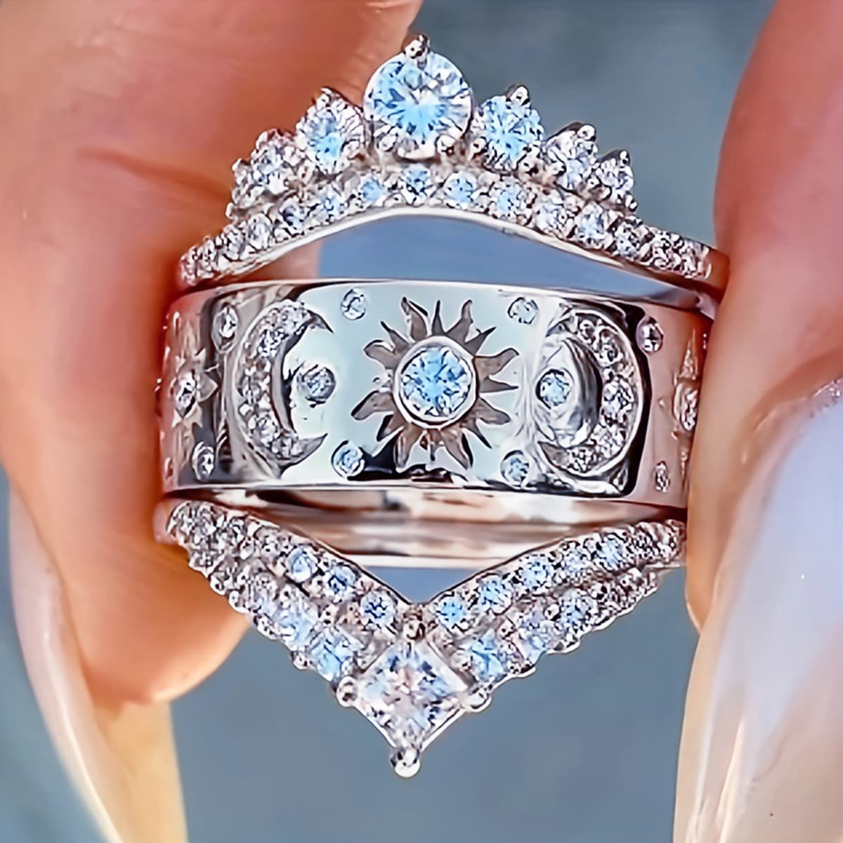3pcs/ Set Of Luxurious Style Stars, Moon, Sun, Women's Wedding Ring Set, Bridal Engagement, Wedding Ring, Reflection, Elegant Style Jewelry, Valentine's Day Gift, Christmas Gift