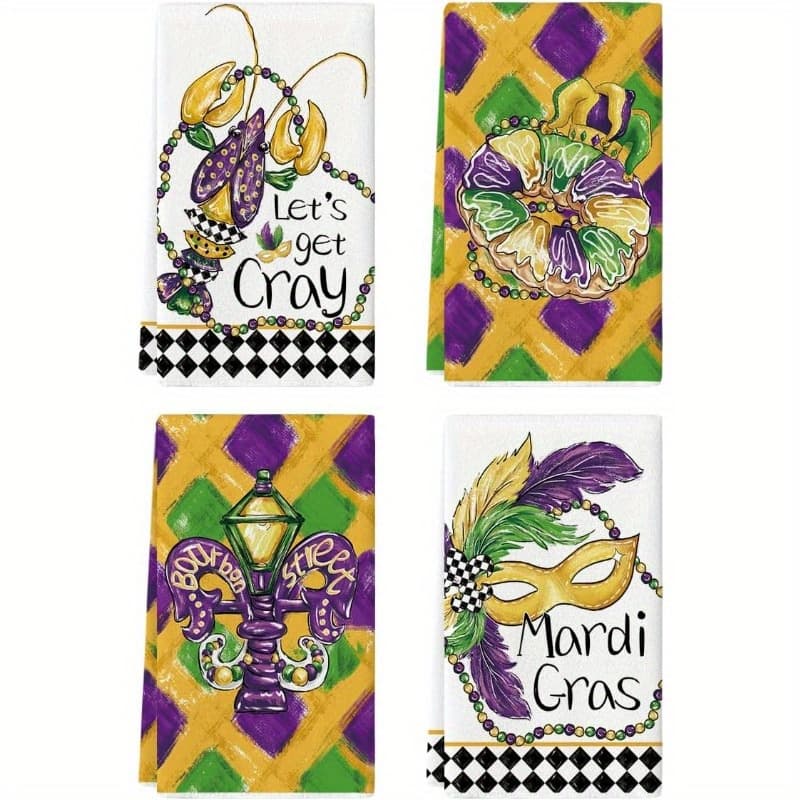 4pcs 18x26 Inch Mardi Gras Kitchen Towels - Festive Purple , Masquerade Mask, And Design, Soft Polyester Dish Towels For Seasonal Kitchen & Dining Decor, Dish Towels For Kitchen