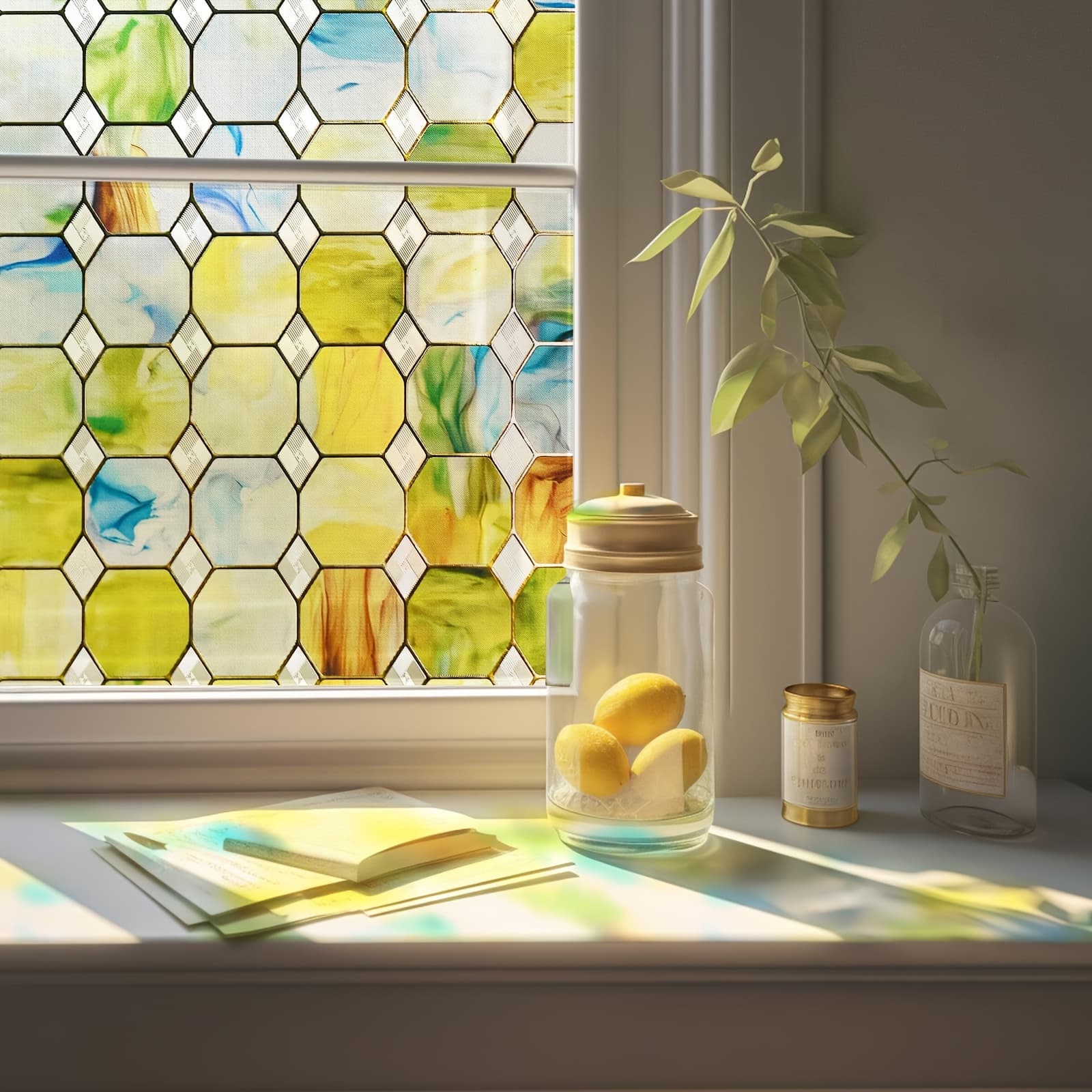 Decorative 3d Stained Glass Window Film For Privacy In Bathrooms And Front Doors, Designed To Block Sunlight And Control Heat, Featuring A Static Cling Design And An Prism Effect