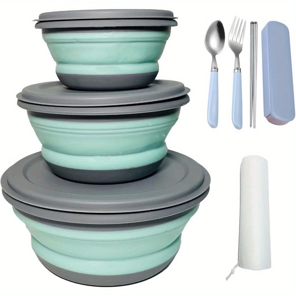 3pcs Foldable Set With Folding Utensils, Portable Expandable Lunch Box With Lid, Salad Bowl Food Storage Container Suitable For Camping Travel And Picnic Outdoor Adventure