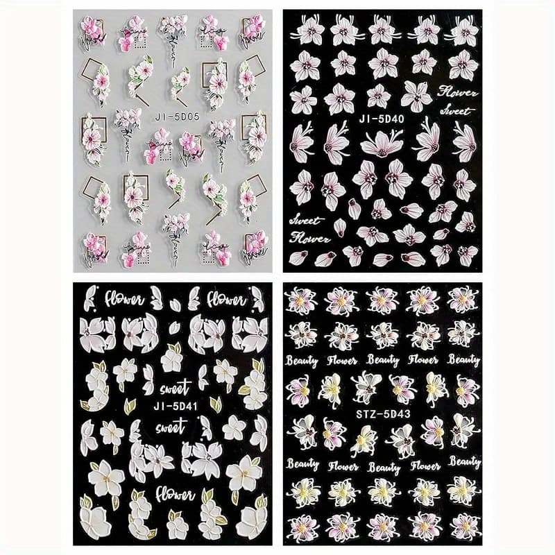 4 Sheets, 5d Embossed Spring Nail Art Stickers, Selfadhesive Summer Flower Nail Art Decals For Dly Or Nail Salons, Nail For Women And