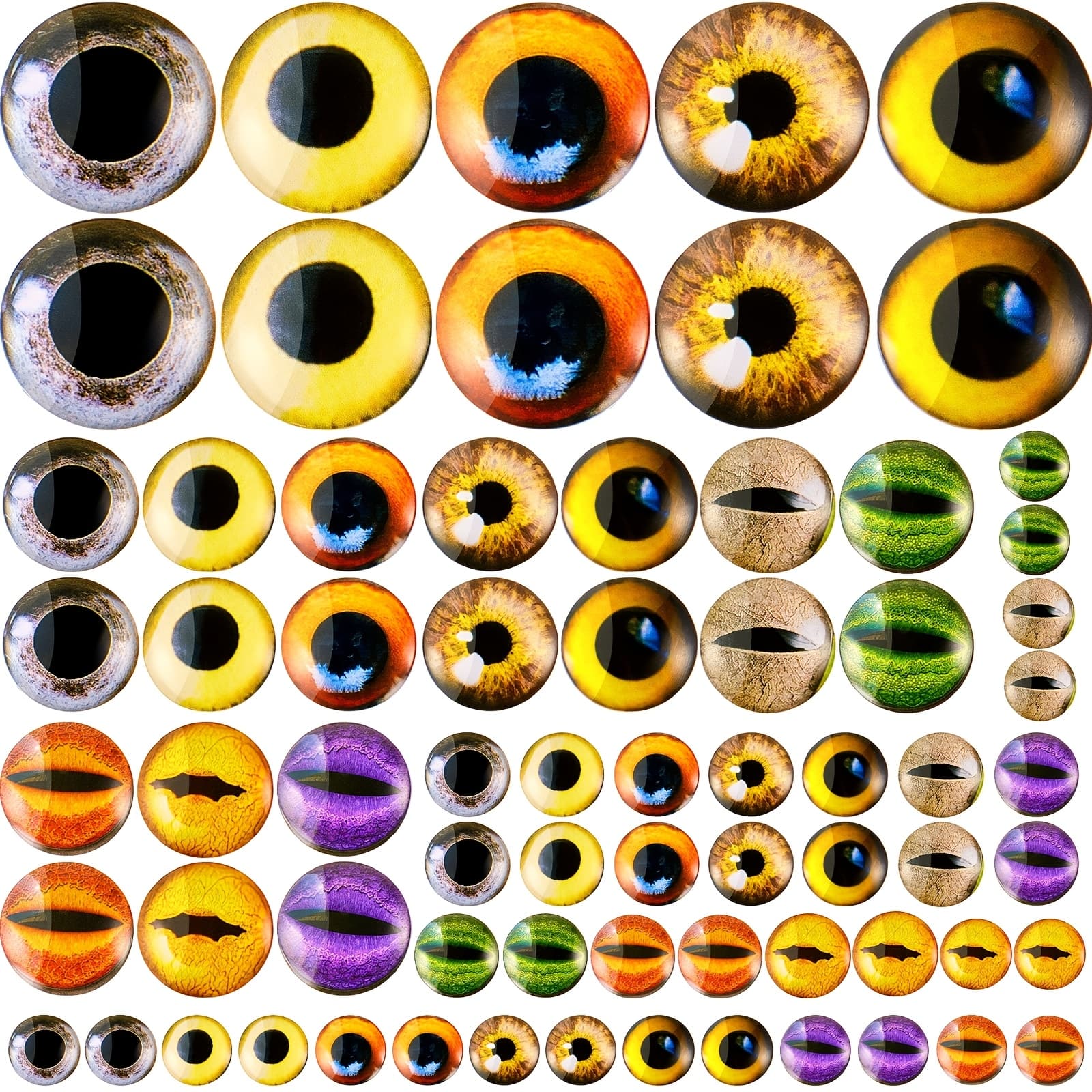70pcs 40/25/16/8mm Large Animal Glass Eye Round Cabochon Eyes Half Round Mixed Printed Round Eyes 4 Sizes Mini Animal Eye Cabochons For Art Doll Props Making ()