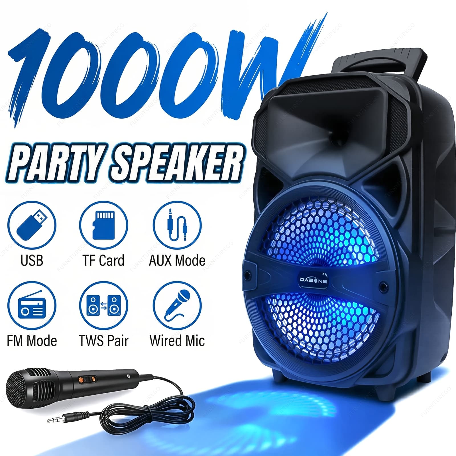 1000w Portable Wireless System With Subwoofer, , 8-inch Speaker Karaoke Machine, Fm Radio, Eq Mode, Strobe Lights With Wire Microphone, Remote Controls