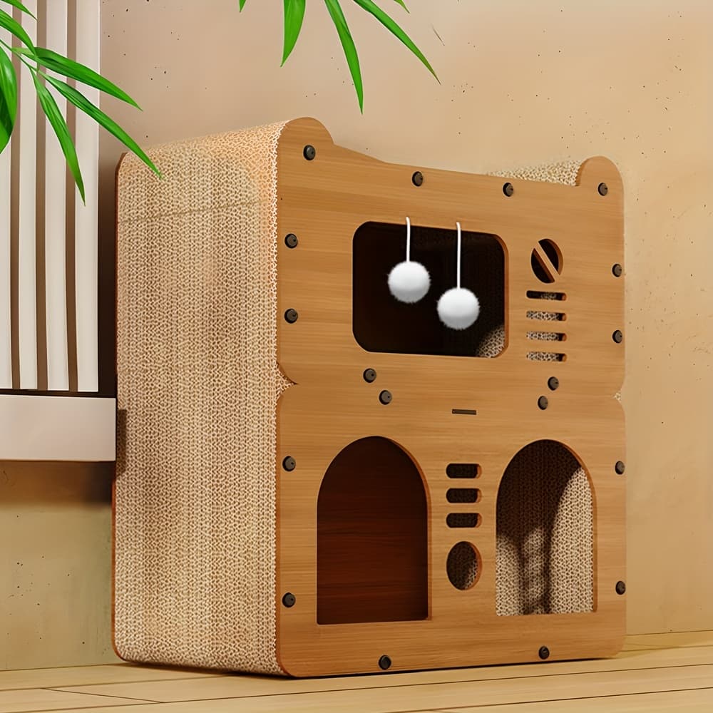 1pc Wooden Cat House With Scratching Board, Plush Balls, And Enclosed Ventilation - Multi- Indoor/outdoor Cat Shelter With Assembled Design For Cats