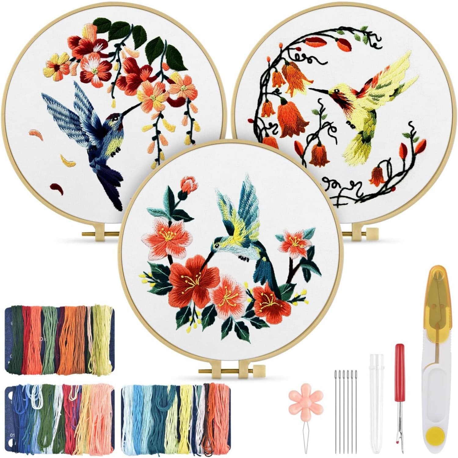3pcs Embroidery Starter Kit For Beginners, Hummingbird & , Includes Hoops, Threads, Needles, Patterns & Instructions, With Diy Craft Gift Set For All