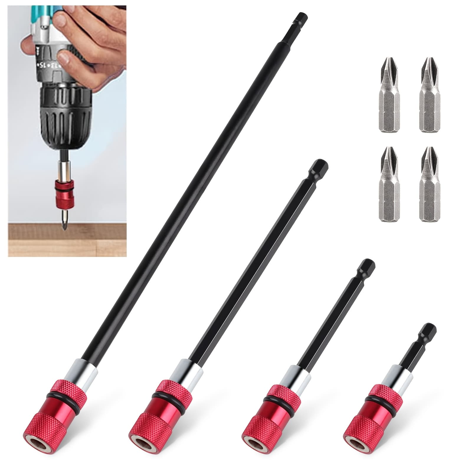 4pcs Magnetic Drill Bit Extension Set, Bar Socket Adapter, For Diy Projects, & Tight Spaces, 1/4 Inch Hex Quick Release Bit Holder, For Impact Driver, Screws And Nuts Drill