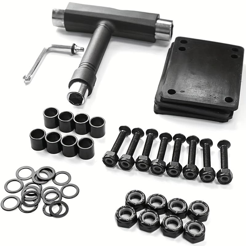 Skate Tools Portable Skateboard T Accessory With Tool Phillips Head Wrench Screwdriver, 4 Gaskets, 8 Pairs Of 29mm Bridge Studs, 8 , 16 Black Sliding Wires, 8 M8 Nuts