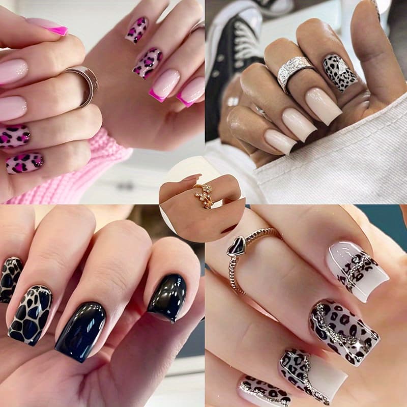 96pcs 4pcs Black And Golden Glitter Mix, French Leopard Print, , Medium Length - Includes Jelly Glue And Nail File, And 1 Ring