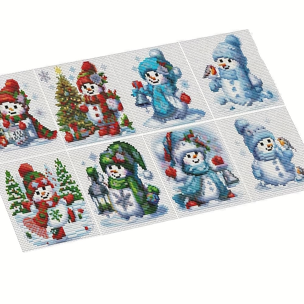 8pcs Counted Stitch Embroidery Snowman Tree Embroidery Fabric Printed Stitch Landscape Handmade Needlework Decor For Home