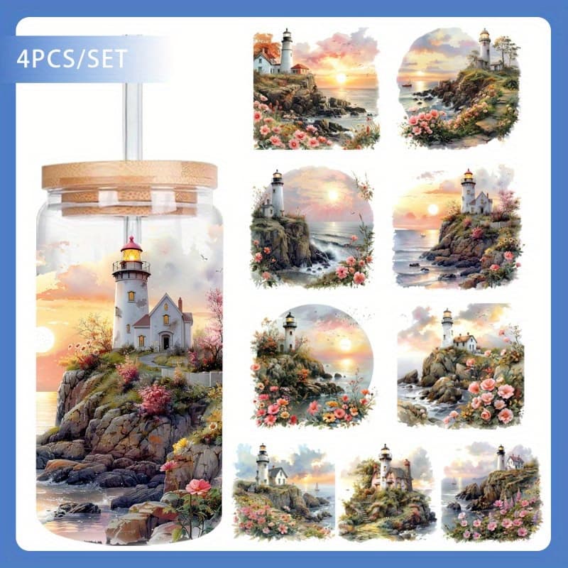 4pcs/set Beautiful Lighthouse Uv Dtf Vinyl Paper Waterproof Transfer Paper For 16 Oz Glass Jars, Easy To Apply, High Quality Diy Handmade Decorative