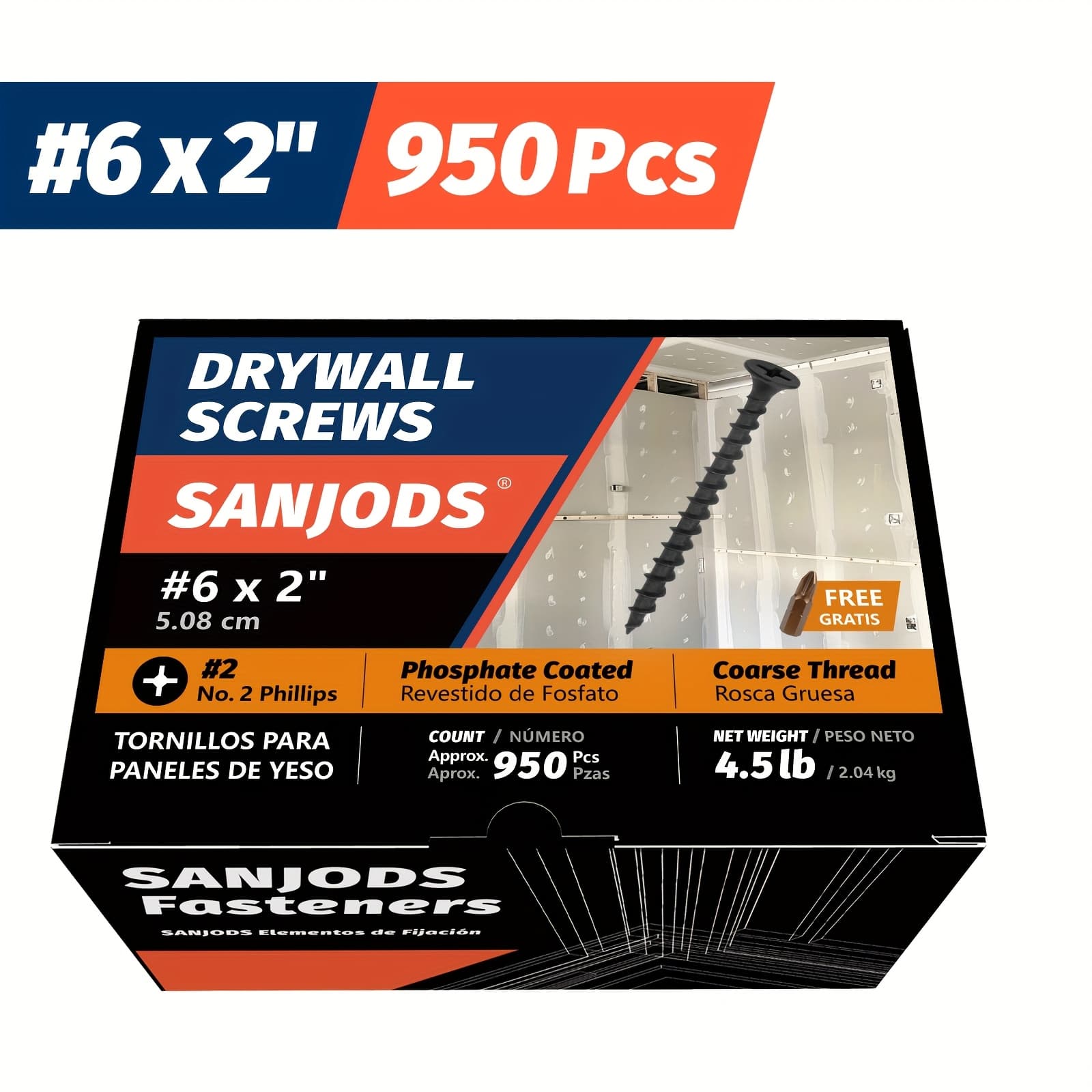 950pcs Sanjods #6 X 2" Drywall Screws, #2 Phillips Bugle Head, Coarse Thread , Black Phosphate Coated Carbon Steel, 4. For Wood And Drywall Projects