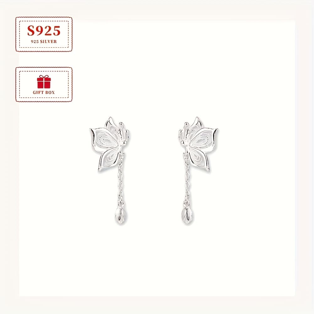 925 Pure Silvery Hollow Bud Chain Tassel Earrings, Suitable For Daily Party Matching About 1.8g