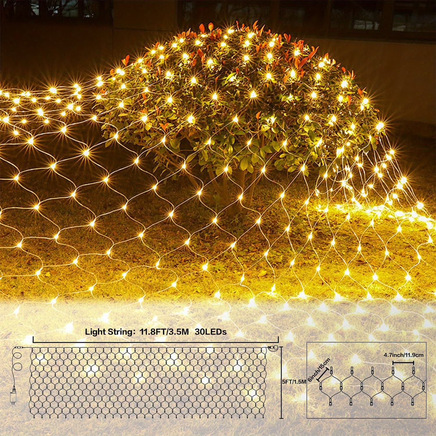 1 Pack Outdoor Net Lights, Halloween/ Christmas String Lights, 12ft*15ft 8 Lighting Curtain Lights For Yard, Bush, Garden Grass Fence Decoration (warm )