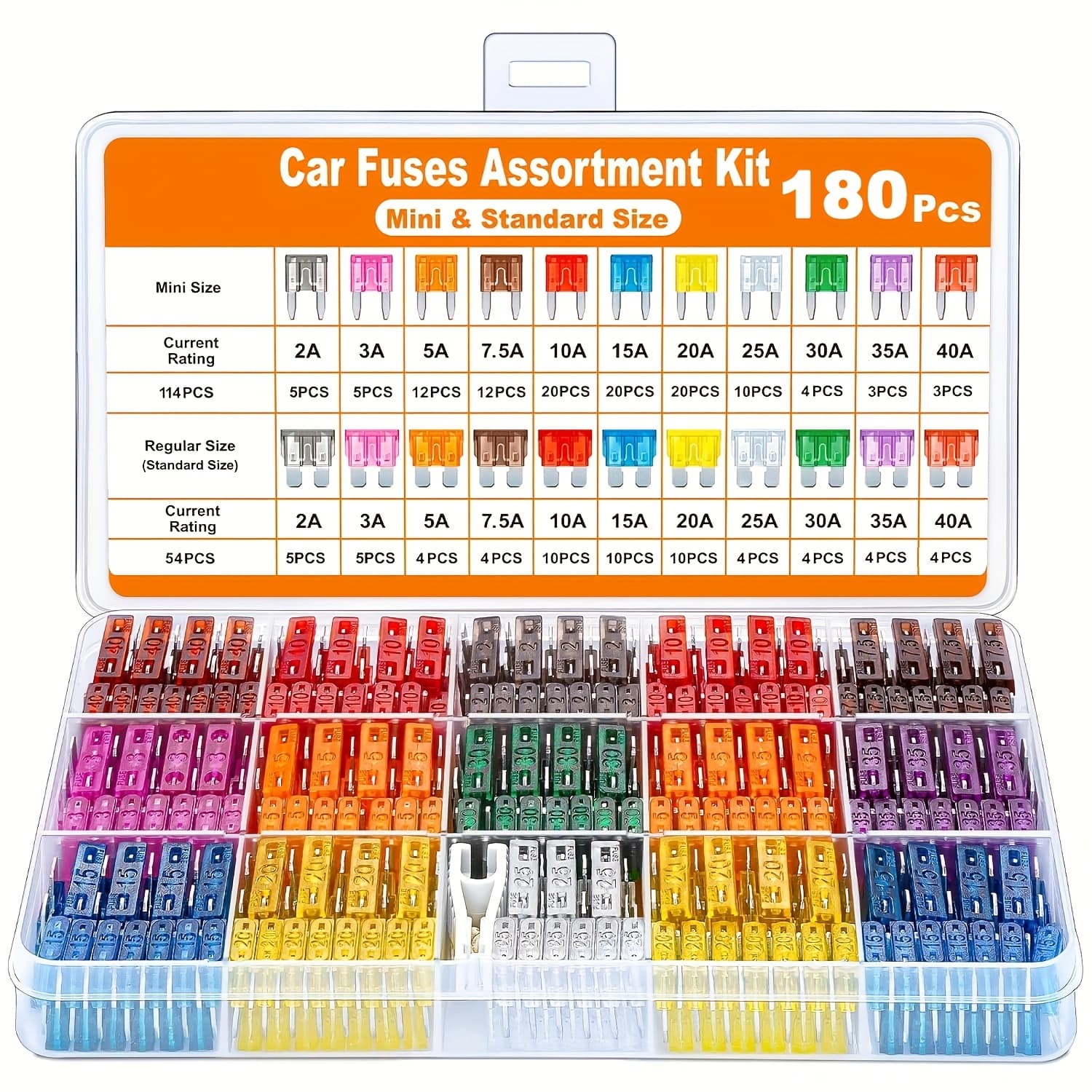 Car Fuses 120/180pcs, Assortment Kit, 116 Mini Blade Fuses Automotive 64 Standard Auto Fuses 1 Fuse Pullers For Car, Rv, Truck, Motorcycle, Boat