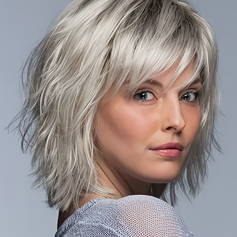 30cm Wigs Designed For Women Featuring A Side-parted Short , Made Of Synthetic Hair In A Silvery , Wear