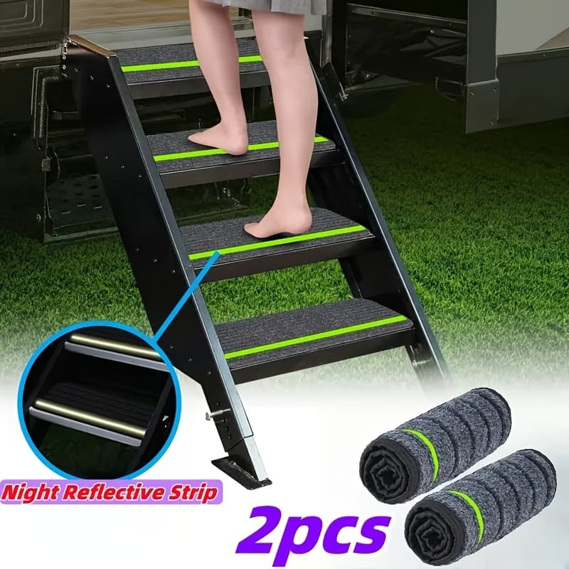 Premium Rv Step Covers - Durable, Non-slip, Reflective Camping Rug Set, Enhance The Safety And Style Of Your Travel Trailer, , Black Polyester Construction