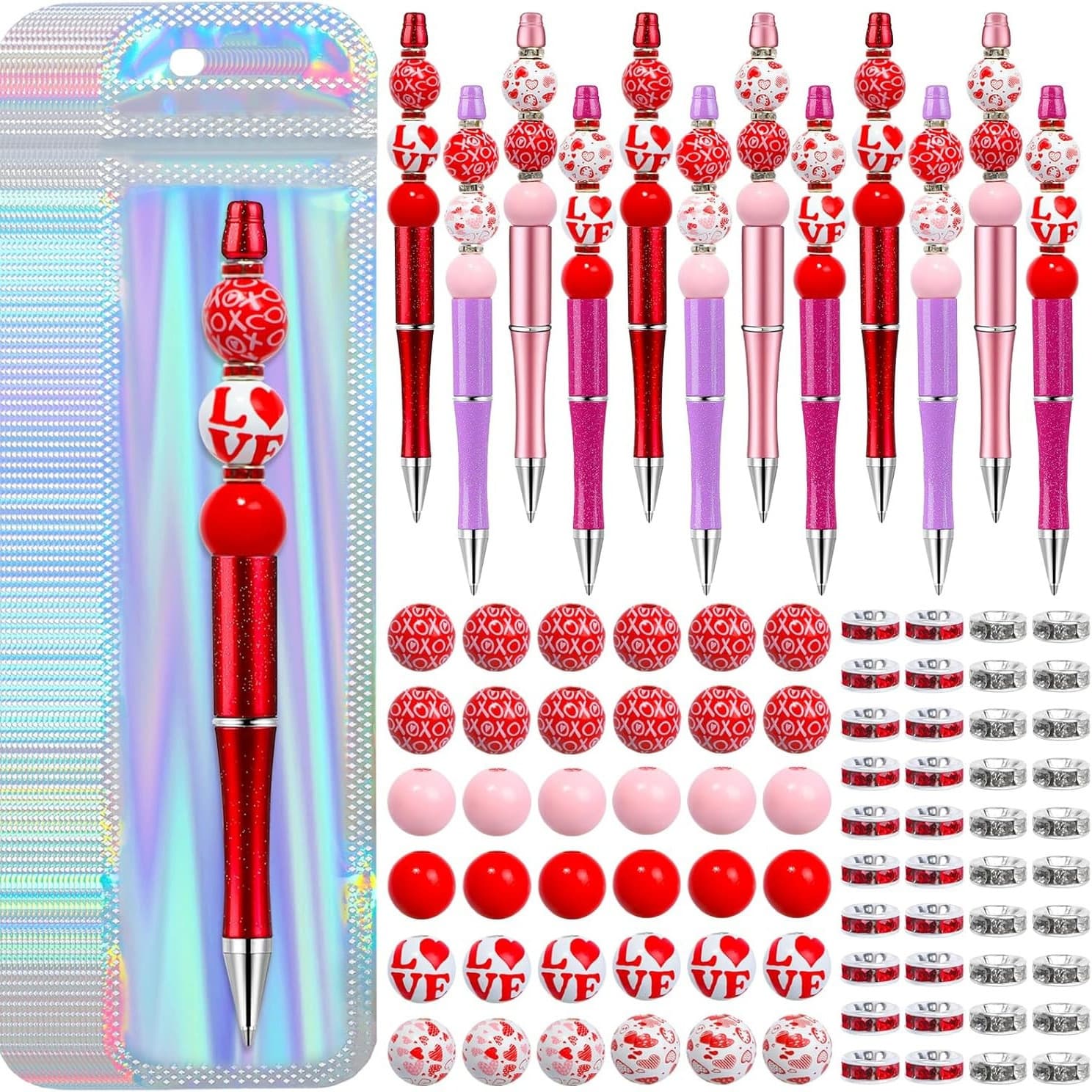 100 Ballpoint Pen Set, Including 12 Ballpoint Pens, 76 Beads, And 12 Packaging Bags, Diy Pen Making Kit Plastic Bead Ballpoint Pens, Used For School Office Supplies, Holiday Gifts
