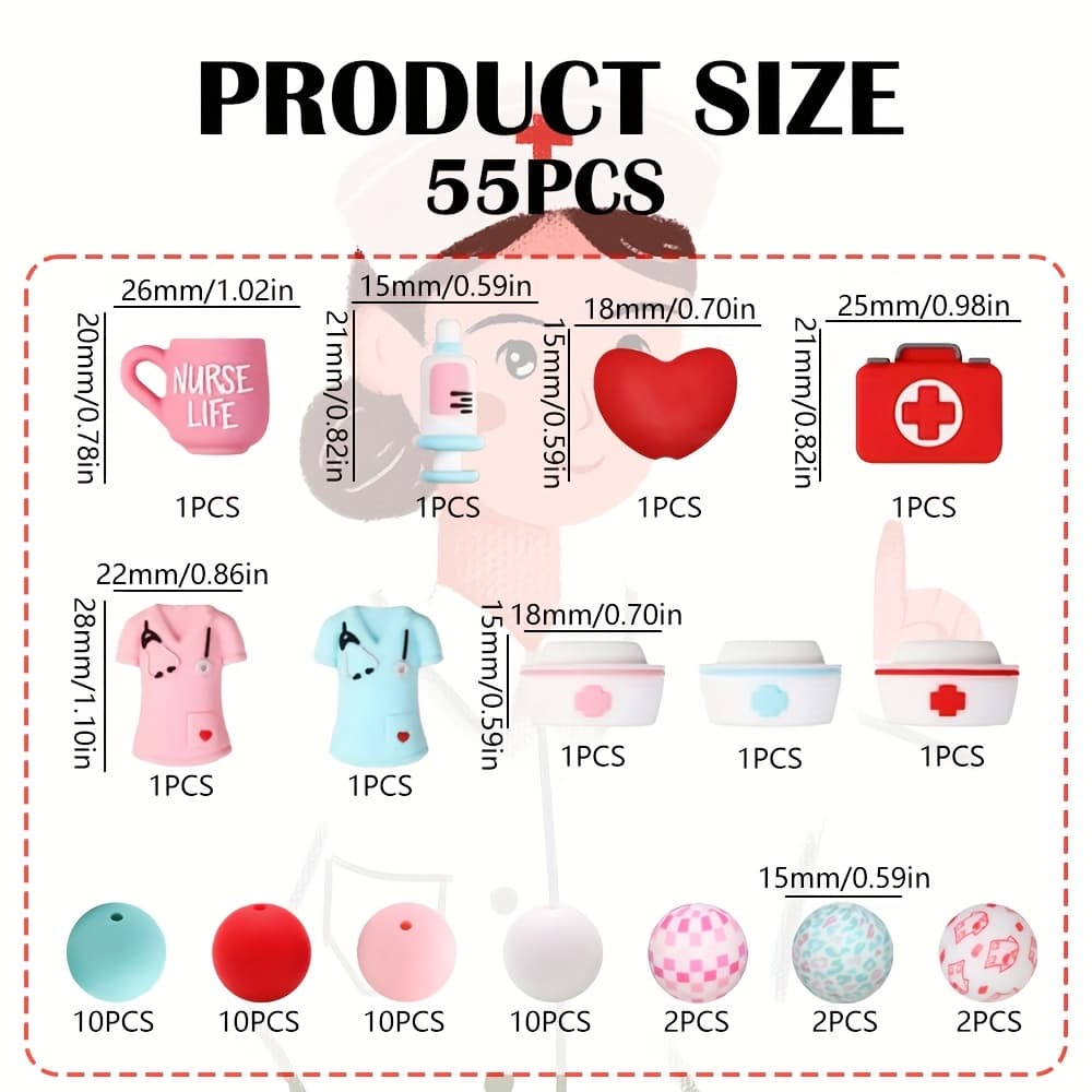 55pcs Nurse-themed 3d Silicone Beads, Pink Spots Print & Silicone Beads For , Crafts & Handmade Gifts - Ideal For Diy Bead Kits, Keychains & Craft , Nurse Gifts, Best For Christmas, Thanksgiving