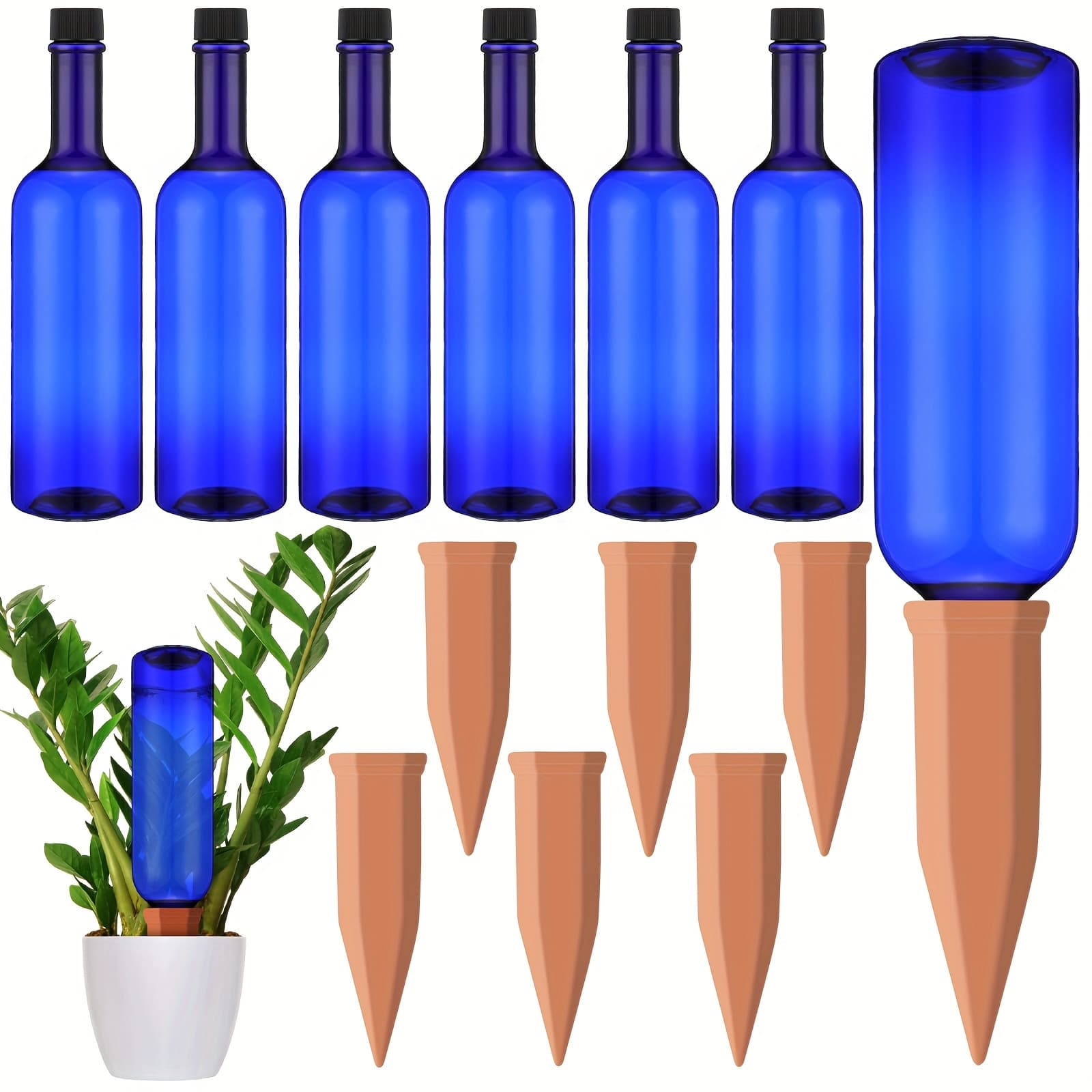 12pcs Plant Watering Devices 6 Terracotta Self Watering Spikes And 6pcs 26oz Plastic Bottles, Slow Release Vacation Insert Automatic Plant Waterer Device (blue)