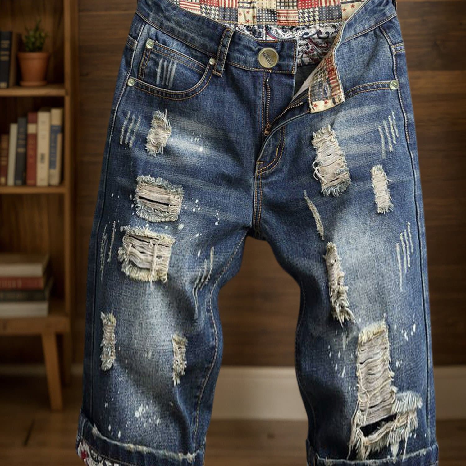 A Trendy And Popular Men's High- Street Style Shorts, Five- Point Length, Hobo- Style Ripped, Plus- Size, Straight- Leg Pants Outerwear From A Trendy