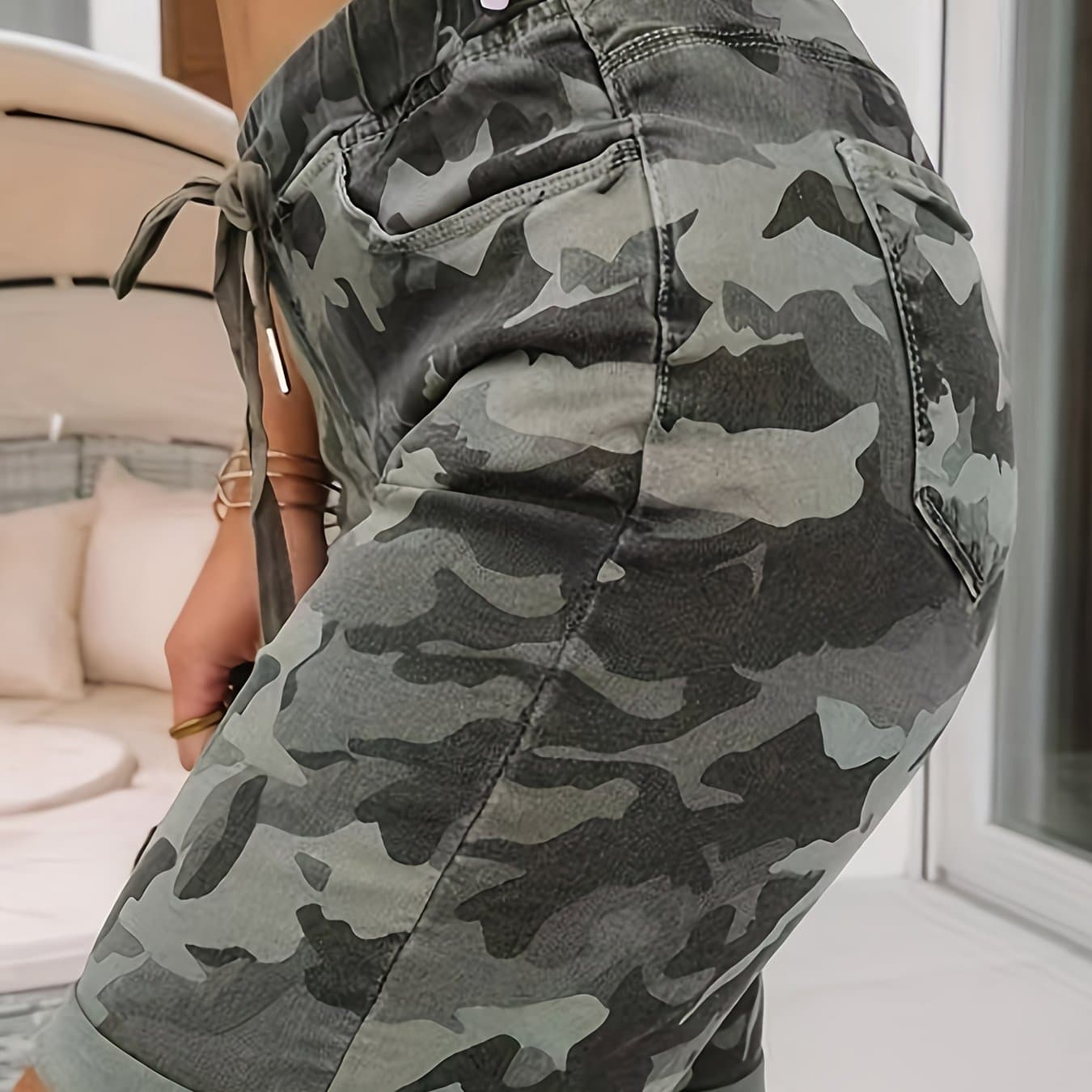 Women's Camouflage Denim Shorts Featuring An Elastic Waist And Drawstring - Trendy And Comfortable Summer Wear