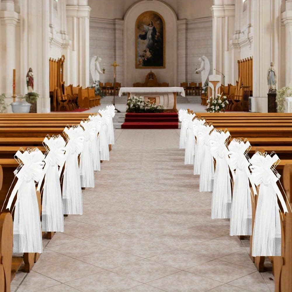 Set Of 12 Large Wedding Pew Bows With Long Tulle Tails Church Chair Aisle Decorations Wedding Car Decoration Big Bows For Bridal Shower Reception Birthday Anniversary (white)