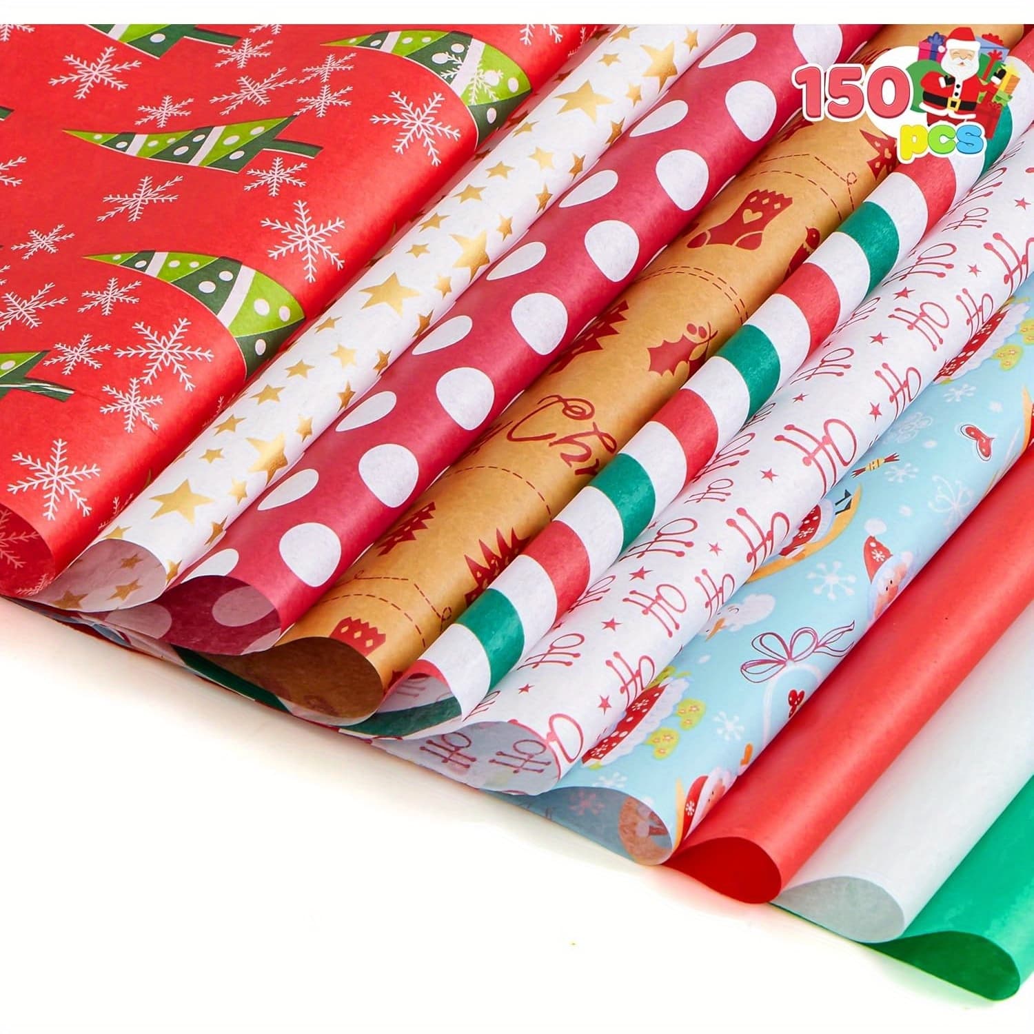 Syncfun 150 Sheets Christmas Tissue Paper Assorted Design; Easy And Fast Gift Wrapping Accessory Perfect For Present Boxes, Gift Wrapping Bags And Wine Bottles, Cardboard Cutouts