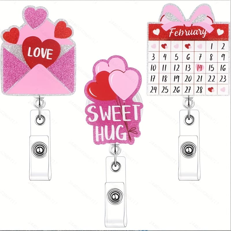 2d Set Of 3 Valentine's Day Badge Reels Featuring Retractable Belts, Perfect For Nurses. Heart-shaped Id Holders Make Lovely Gifts For Female Educators And Students