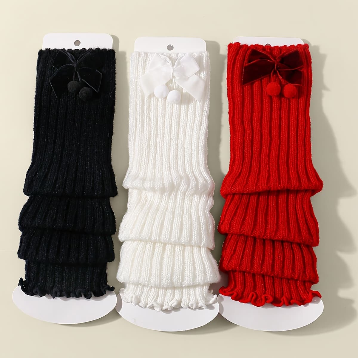 3 Pairs Girls' Polyester Knitted Leg Warmers With Bowknot, Cute Stackable Winter Leg Covers, Hand Wash Or Professional