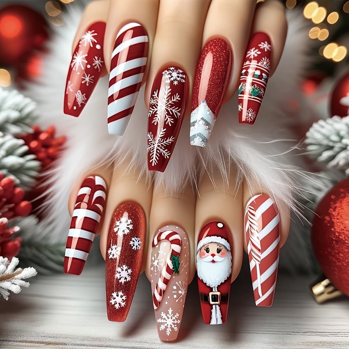 Add A Touch Of With, 24pcs Christmas Holiday Long Ballet Full Cover Press-on Nail Set, Santa Claus, Snowflakes, Fireworks, Candy Cane Decoration, Women