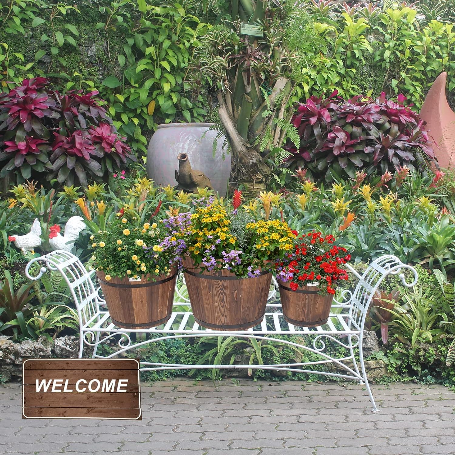 3 Pcs Wooden Planter Barrel Set, Indoor/outdoor W/drainage Holes, Different Sizes, Large Garden Container Box