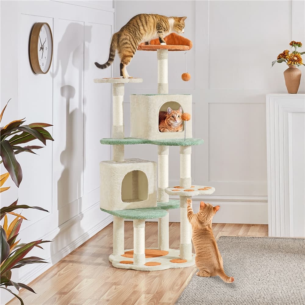57.5in Cat Paw-shaped Cat Tree, Perfect , Cute Cat With Heart-shaped Platform, & Hanging Ball, Double Condos, Scratching Posts