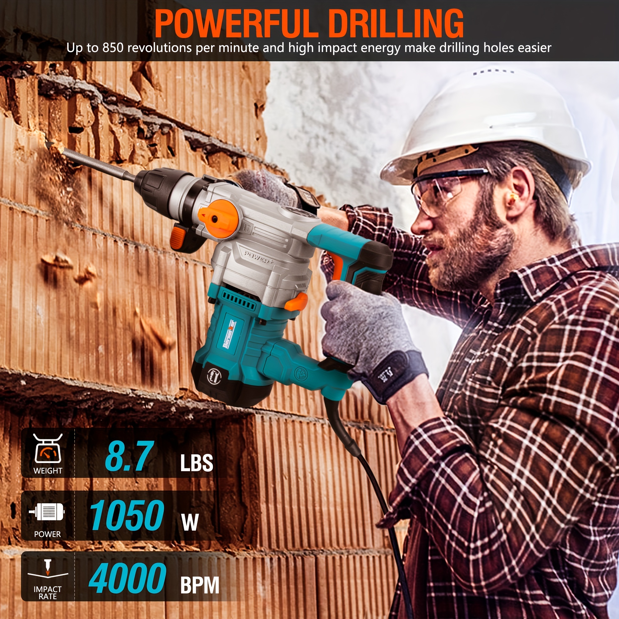 Sds Plus Rotary Hammer Drill Featuring A Safety Clutch, 3 , And A Corded Design For Concrete - Comes With A Drill , 3 Drill Bits, A Flat Chisel, A Pointed Chisel, A Carrying Case, And An