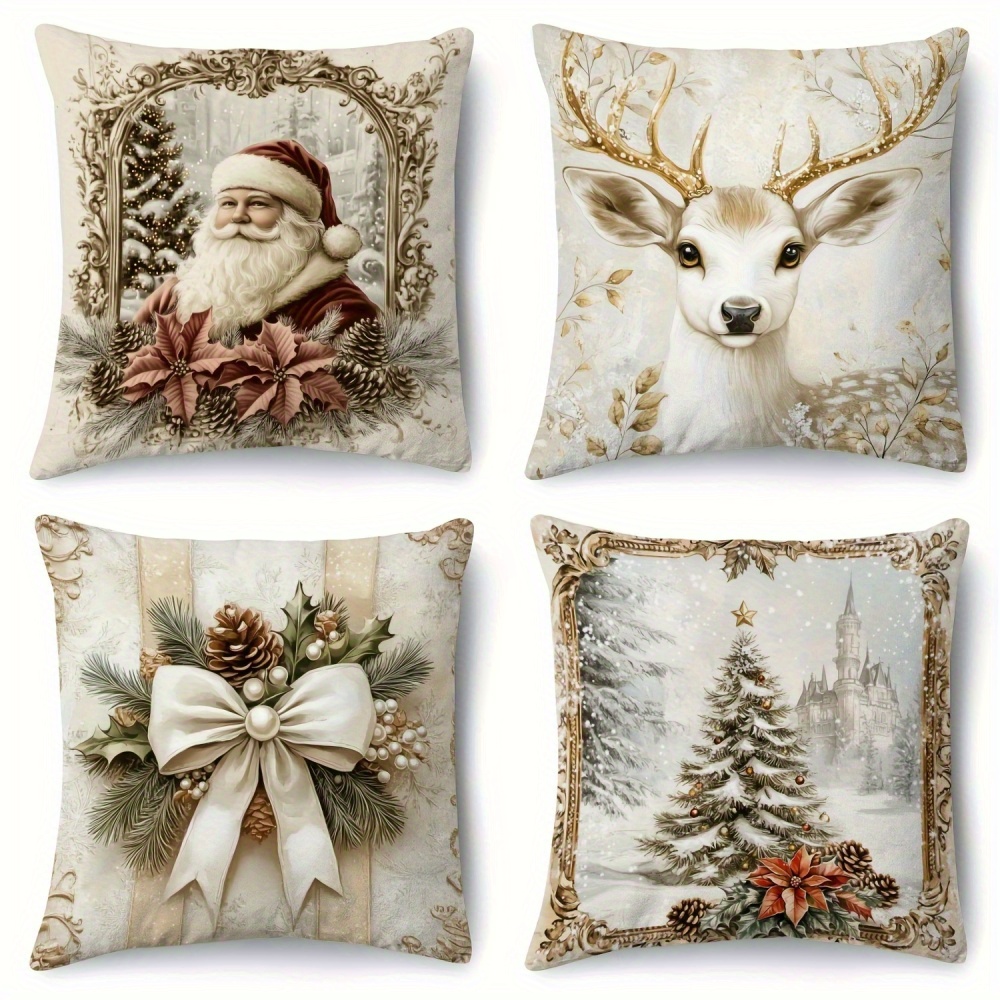 4pcs Christmas - 18x18 , , Gold And Decorative , , Bows And , , Polyester, Suitable For Sofa And Decoration - No